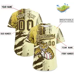 Cream Light Brown Old Gold Full-Snap Tiger Graffiti Baseball Jersey 2
