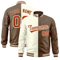 Cream Light Brown Two Tone Split Varsity Letterman Bomber Jacket 1