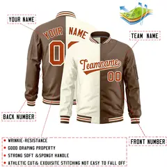 Cream Light Brown Two Tone Split Varsity Letterman Bomber Jacket 2
