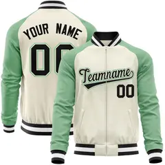 Cream Light Green Full-Zip Raglan Varsity Letterman Baseball Jacket