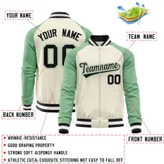 Cream Light Green Full-Zip Raglan Varsity Letterman Baseball Jacket 4