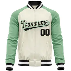 Cream Light Green Full-Zip Raglan Varsity Letterman Baseball Jacket 5
