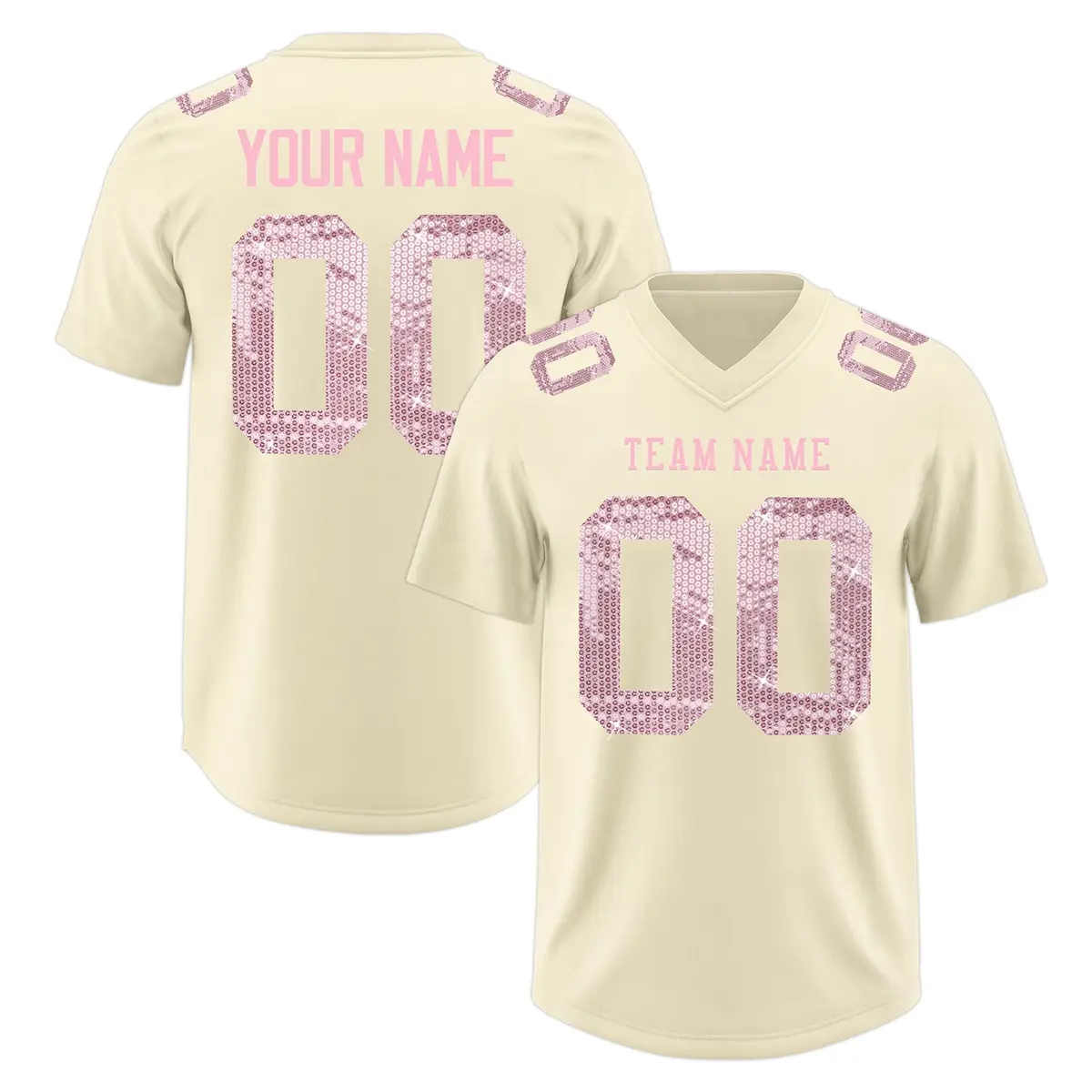 Cream Light Pink Sequin Lettering Football Jersey