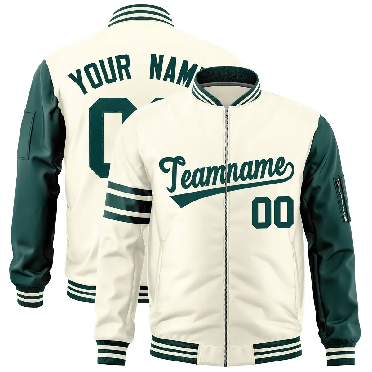 Cream Midnight Green Stripe Varsity Letterman Bomber Jacket