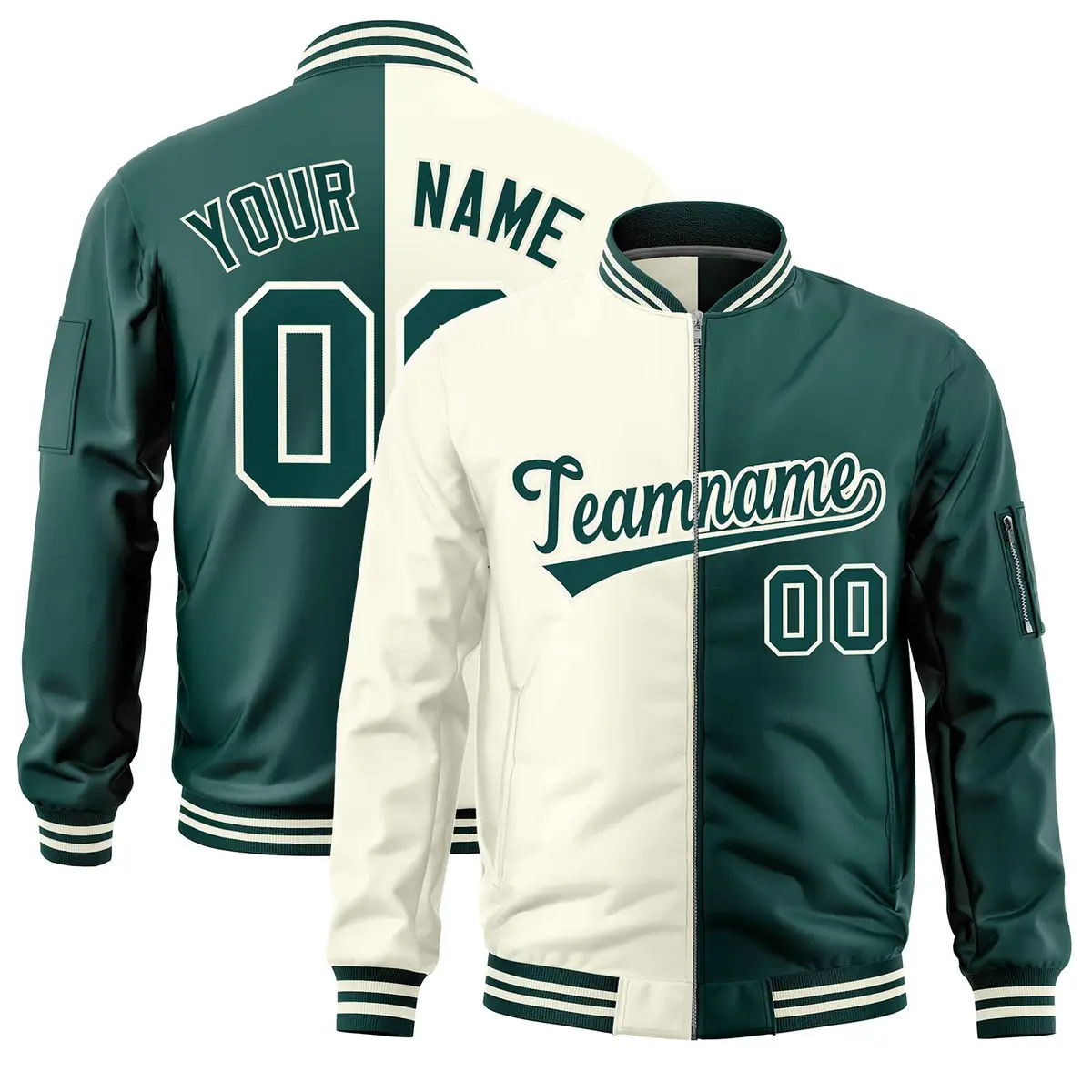Cream Midnight Green Two Tone Split Varsity Letterman Bomber Jacket
