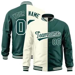 Cream Midnight Green Two Tone Split Varsity Letterman Bomber Jacket 1