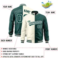 Cream Midnight Green Two Tone Split Varsity Letterman Bomber Jacket 2