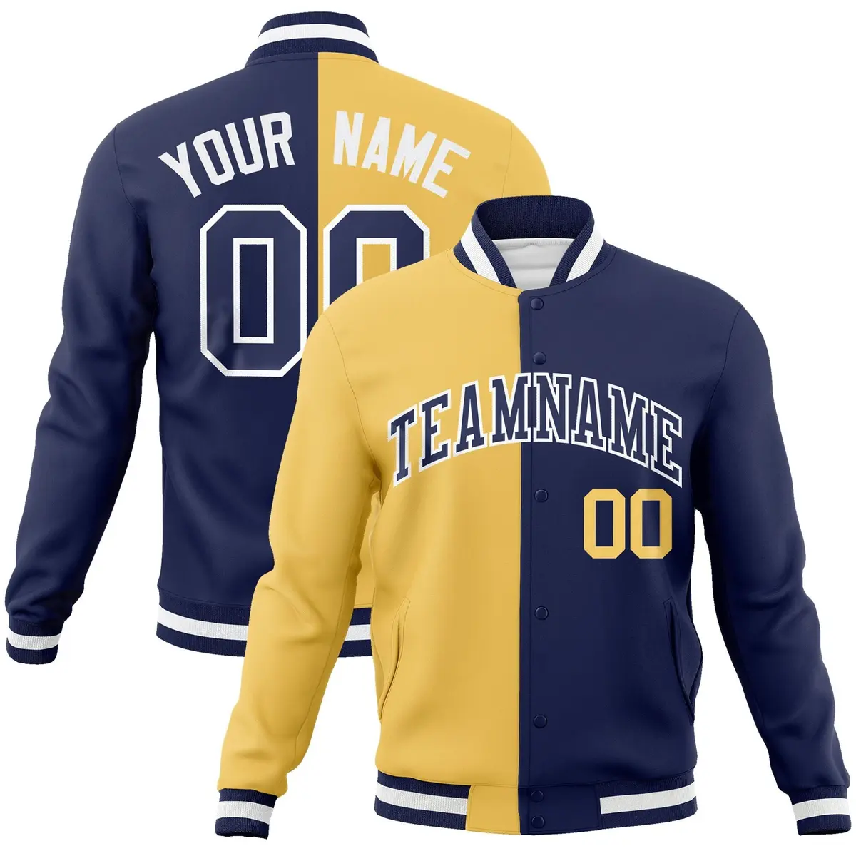Cream Navy Two Tone Split Varsity Full-Snap Letterman Jacket