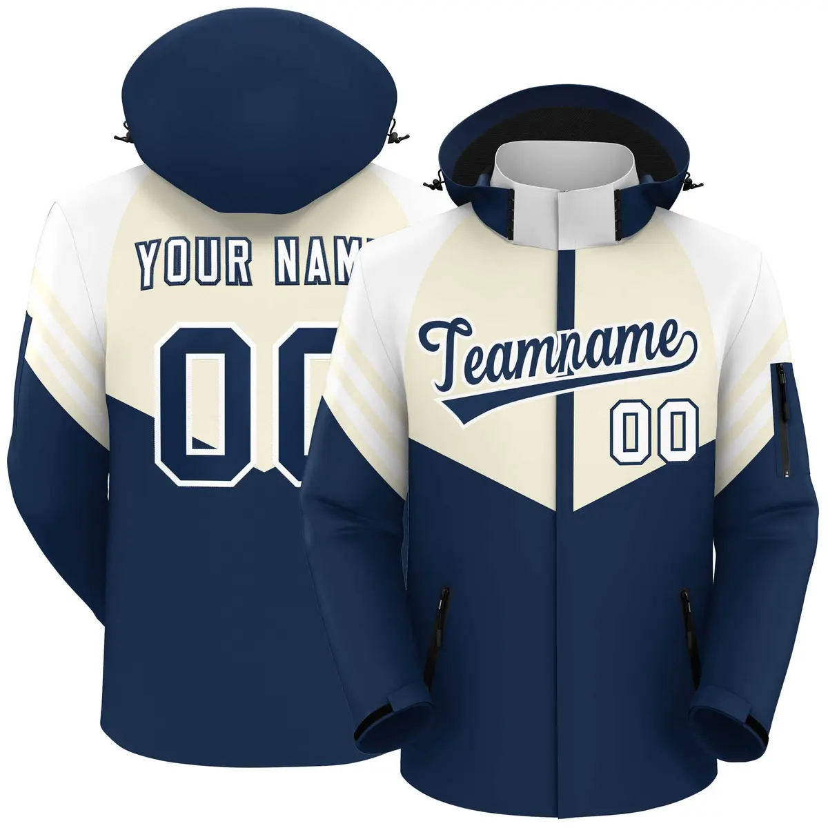 Cream Navy-White Color Block Hooded Waterproof Jacket