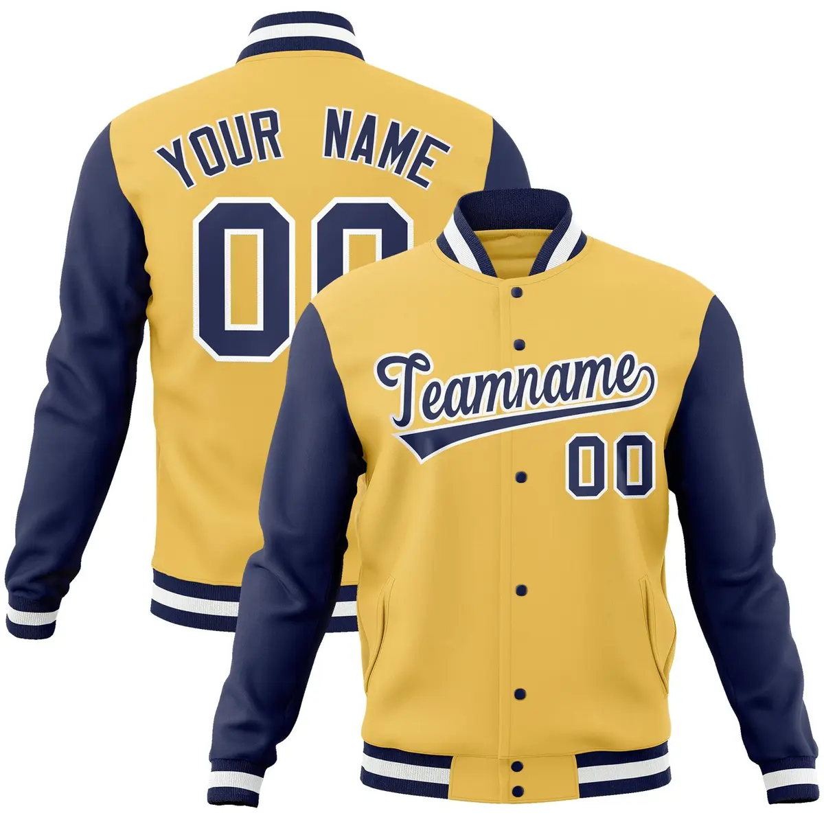 Cream Navy-White Raglan Sleeves Varsity Full-Snap Letterman Jacket
