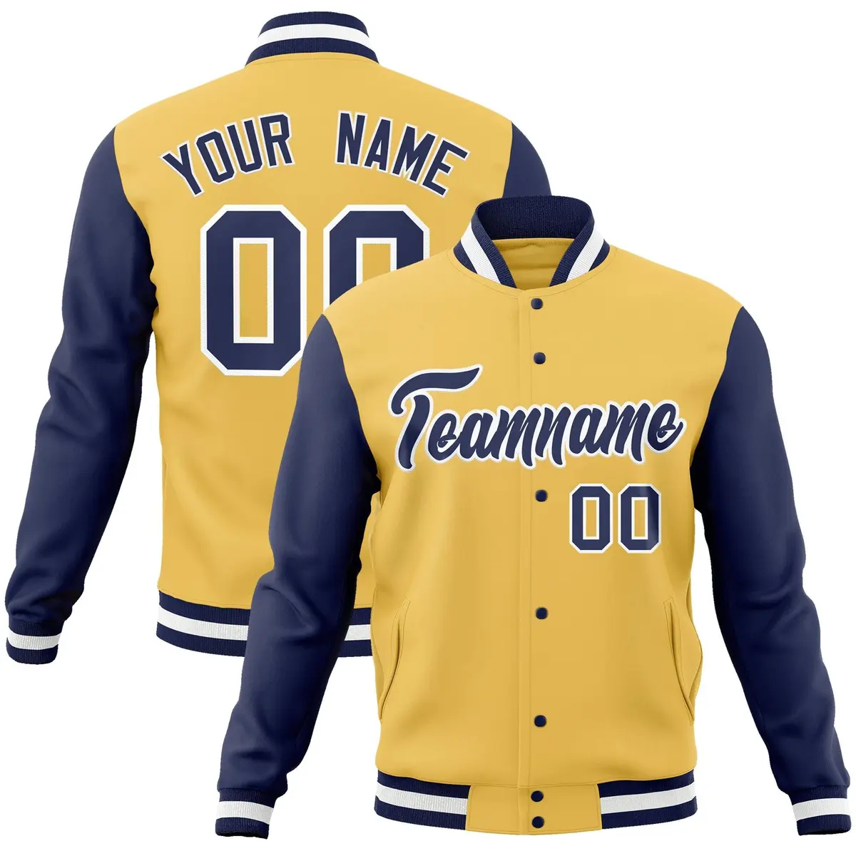 Cream Navy-White Raglan Sleeves Varsity Full-Snap Letterman Jacket