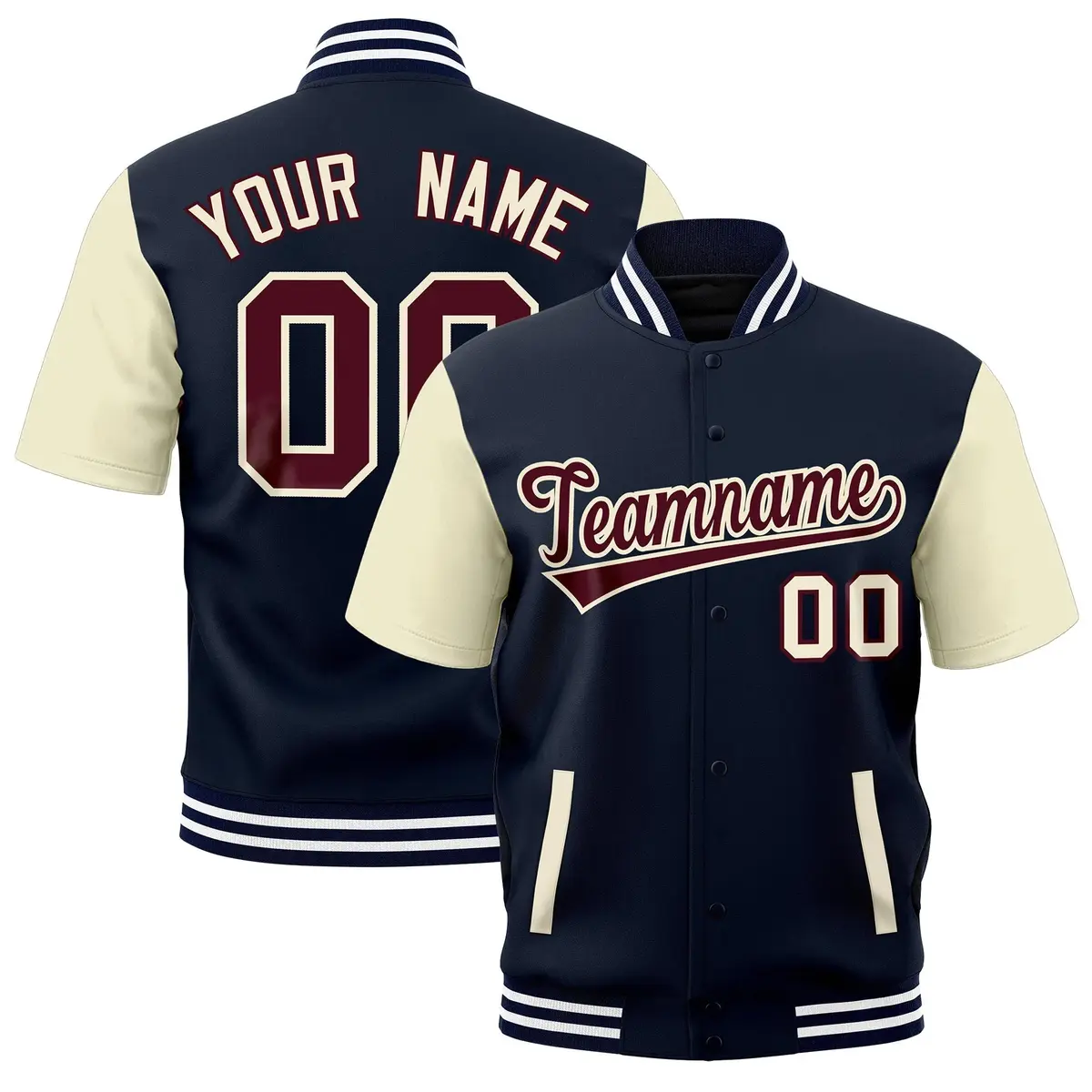 Cream Navy White Short Sleeve Full-Snap Varsity Jacket