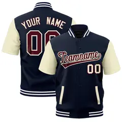 Cream Navy White Short Sleeve Full-Snap Varsity Jacket 1