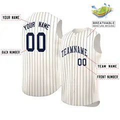 Cream Navy-White Sleeveless Striped Fashion Baseball Jersey 2