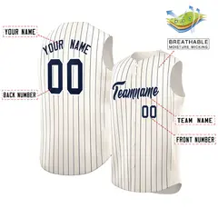 Cream Navy-White Sleeveless Striped Fashion Baseball Jersey 2
