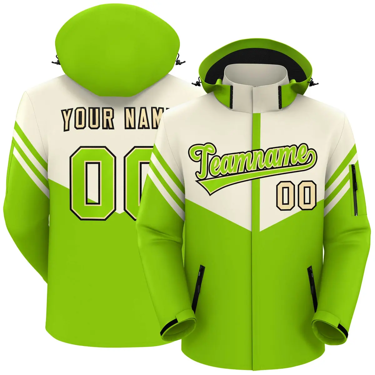 Cream Neon Green Color Block Hooded Waterproof Jacket