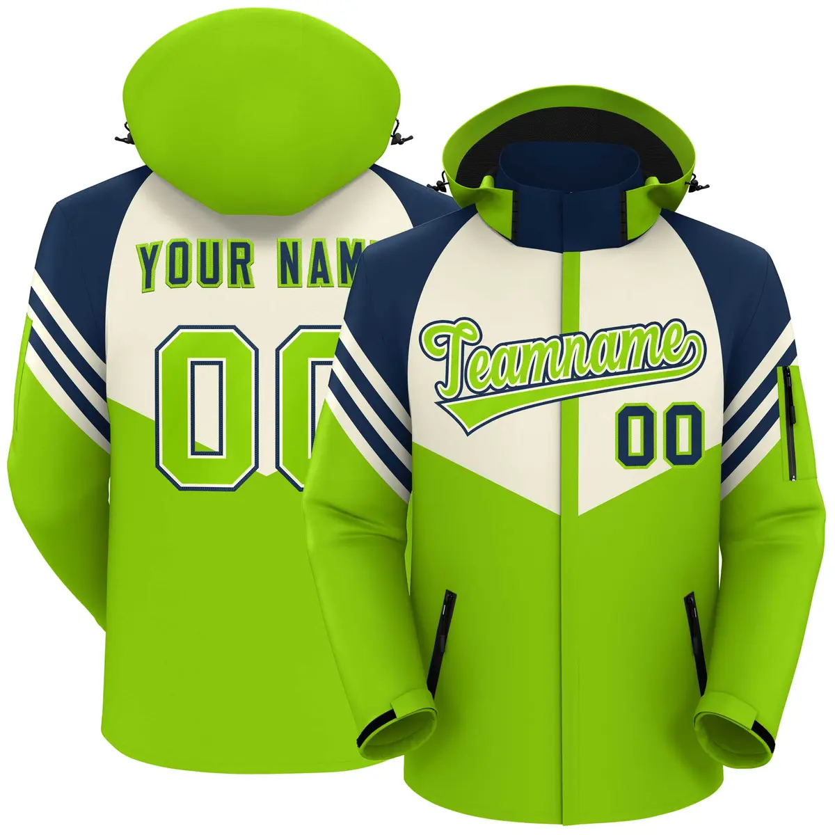 Cream Neon Green-Navy Color Block Hooded Waterproof Jacket