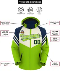 Cream Neon Green-Navy Color Block Hooded Waterproof Jacket 2