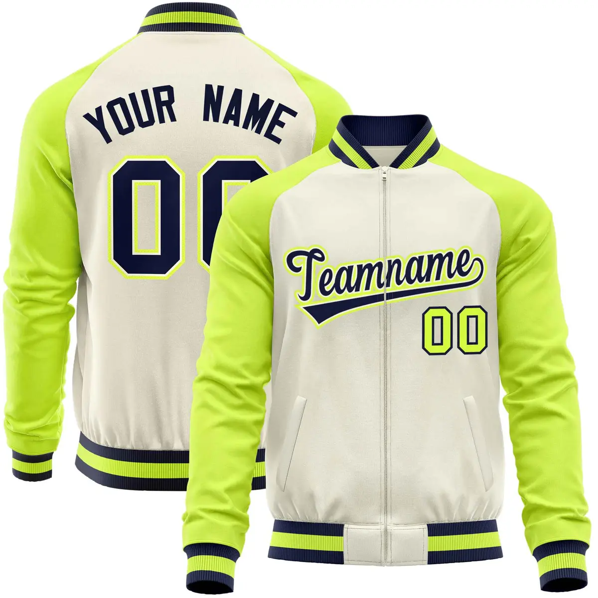 Cream Neon Green Varsity Full-Zip Raglan Letterman Baseball Jacket
