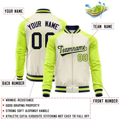 Cream Neon Green Varsity Full-Zip Raglan Letterman Baseball Jacket 4