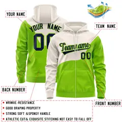Cream Neon Green Wave Color Block Varsity Full-Zip Letterman Jacket Hoodie 4