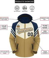Cream Old Gold-Navy Color Block Hooded Waterproof Jacket 2