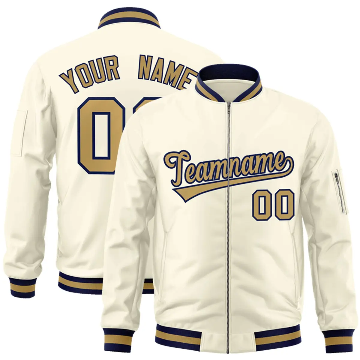 Cream Old Gold-Navy Varsity Letterman Bomber Jacket
