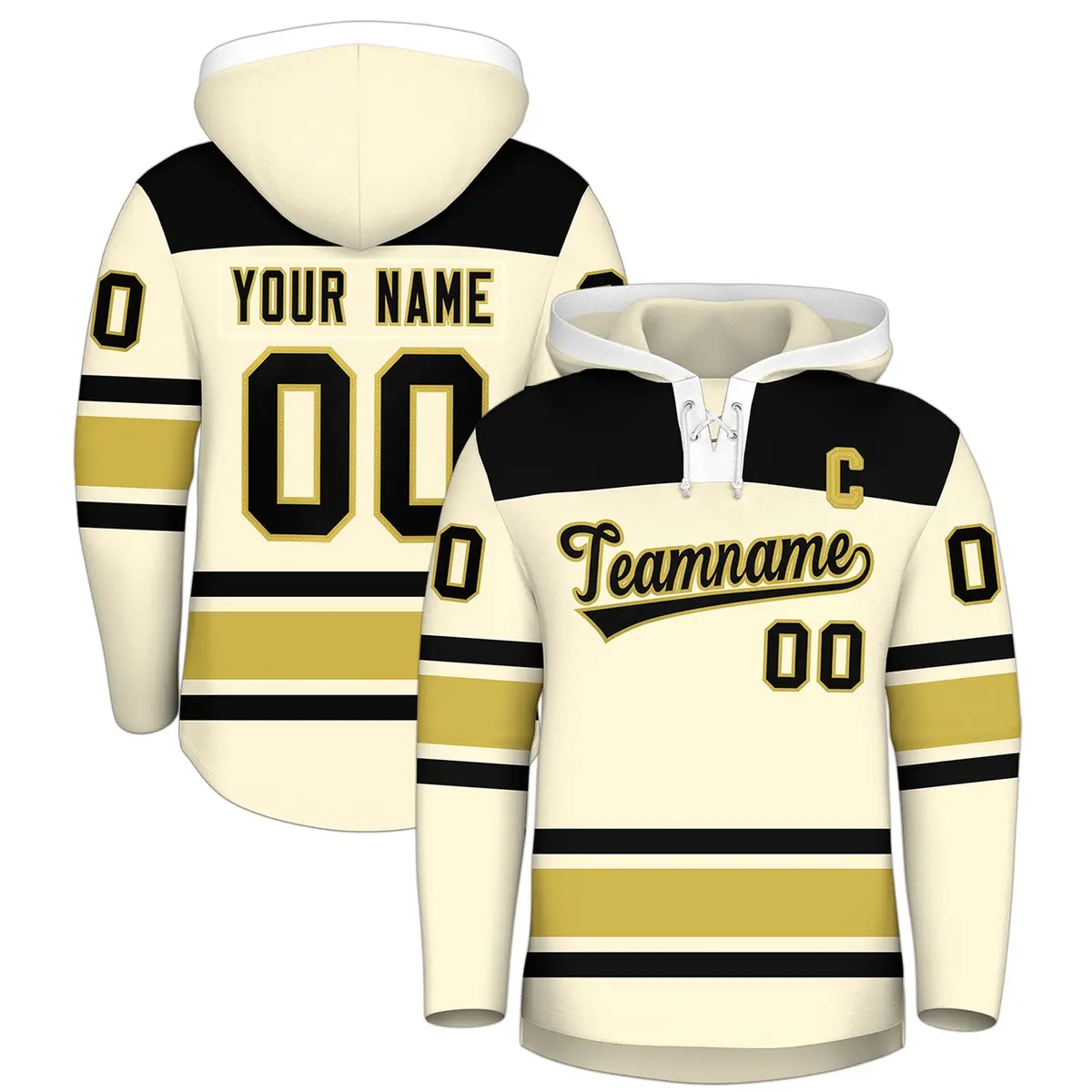 Cream Old Gold Raglan Lace-Up Neck Hockey Hoodie Jersey