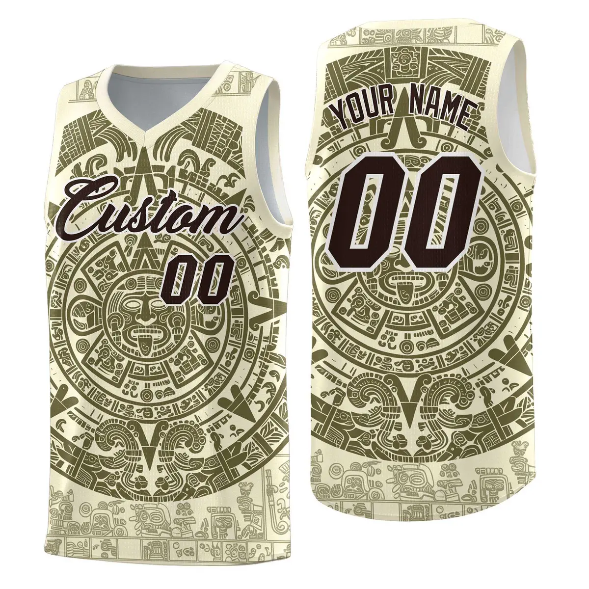 Cream Olive Aztec Sun Stone Graffiti Basketball Jersey