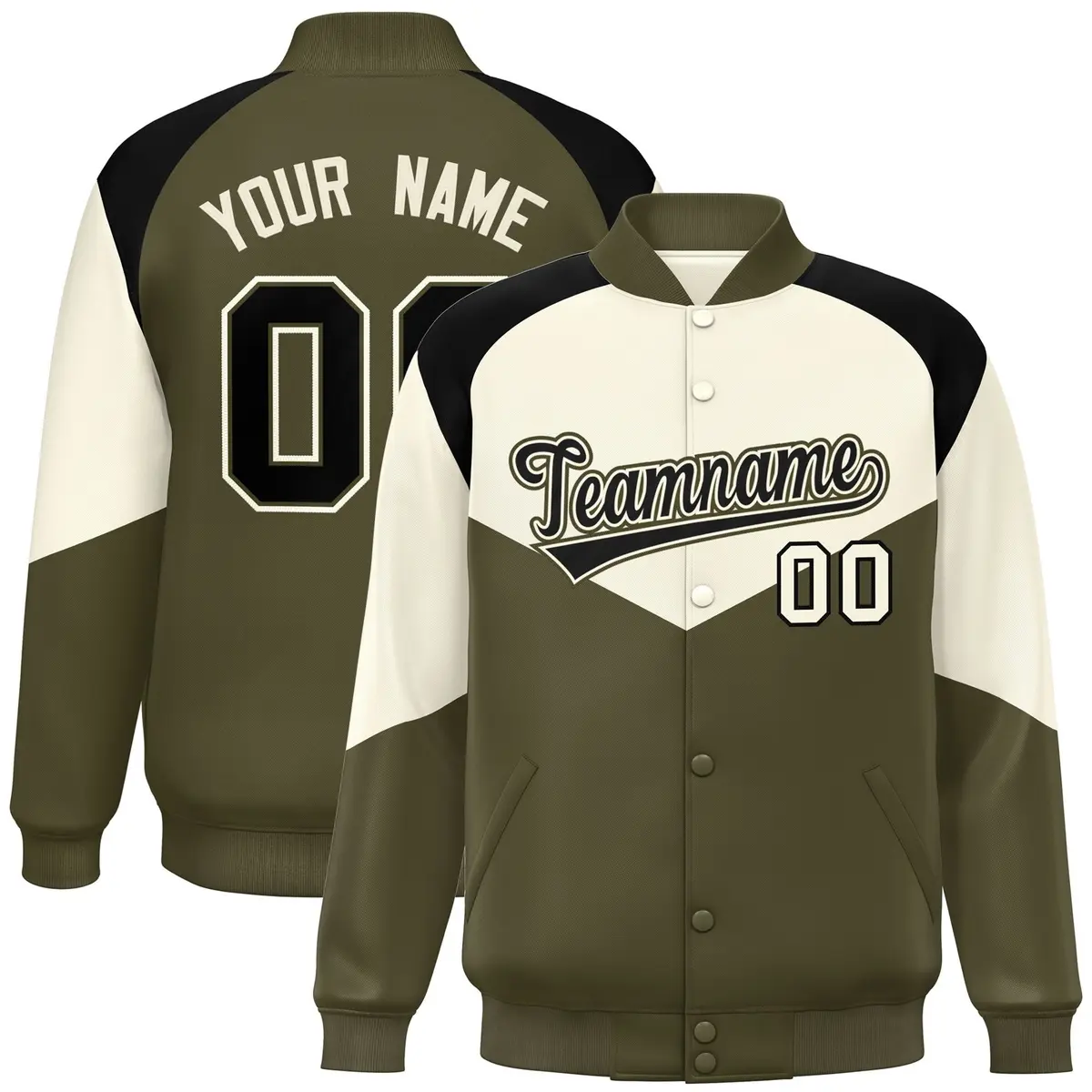 Cream Olive Color Block Varsity Letterman Jacket