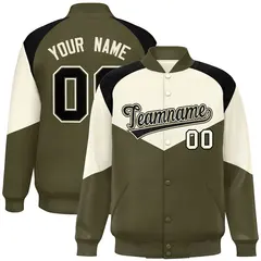 Cream Olive Color Block Varsity Letterman Jacket