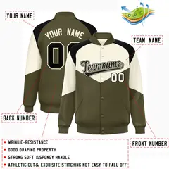 Cream Olive Color Block Varsity Letterman Jacket 2