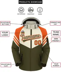 Cream Olive-Orange Color Block Hooded Waterproof Jacket 2