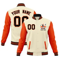 Cream Orange Black Raglan Sleeves Full-Snap Letterman Cotton Jacket 1