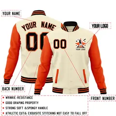 Cream Orange Black Raglan Sleeves Full-Snap Letterman Cotton Jacket 2
