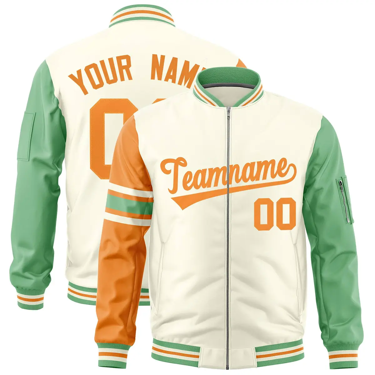 Cream Orange-Green Stripe Varsity Letterman Bomber Jacket
