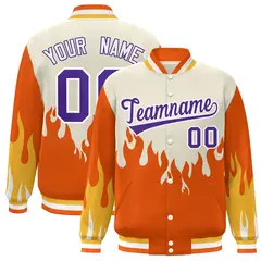 Cream Orange-Purple Flame Graffiti Bomber Varsity Full-Snap Jacket