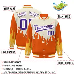 Cream Orange-Purple Flame Graffiti Bomber Varsity Full-Snap Jacket 2