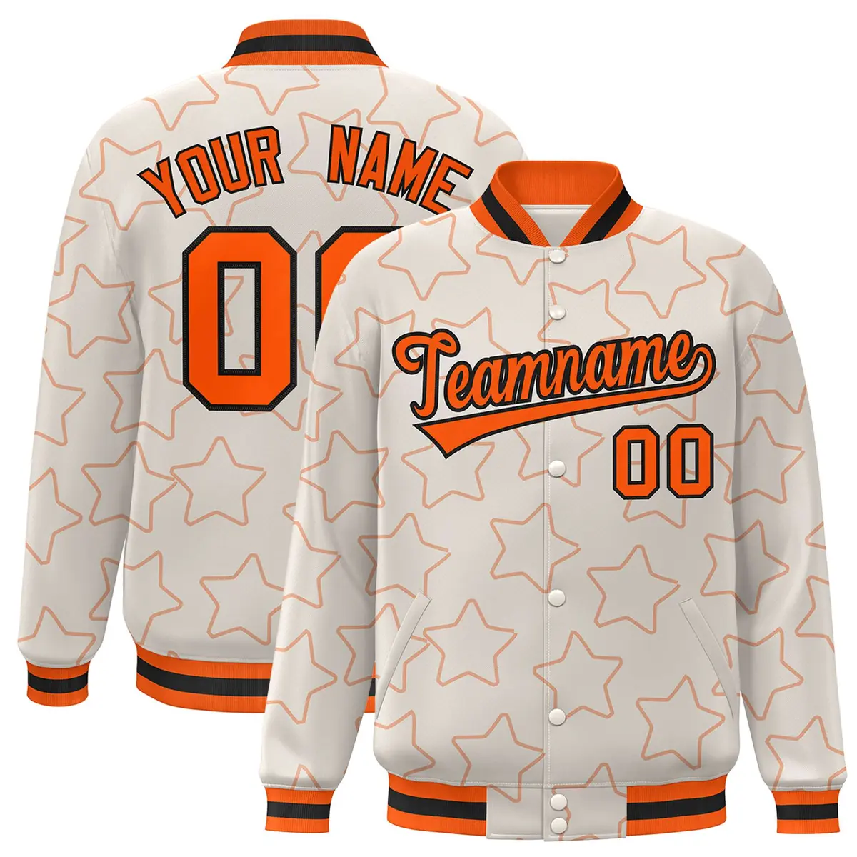 Cream Orange Star Pattern Varsity Letterman Baseball Jacket