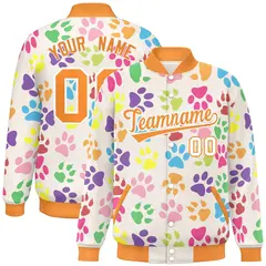 Cream Orange-White Varsity Paw Prints Graffiti Letterman Jacket