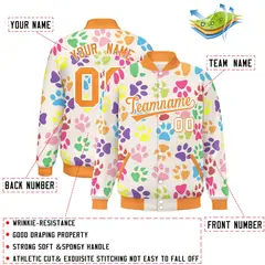 Cream Orange-White Varsity Paw Prints Graffiti Letterman Jacket 2