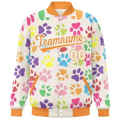 Cream Orange-White Varsity Paw Prints Graffiti Letterman Jacket 3