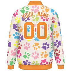 Cream Orange-White Varsity Paw Prints Graffiti Letterman Jacket 4