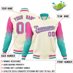Cream Pink Bright Green Gradient Raglan Varsity Letterman Jacket 2