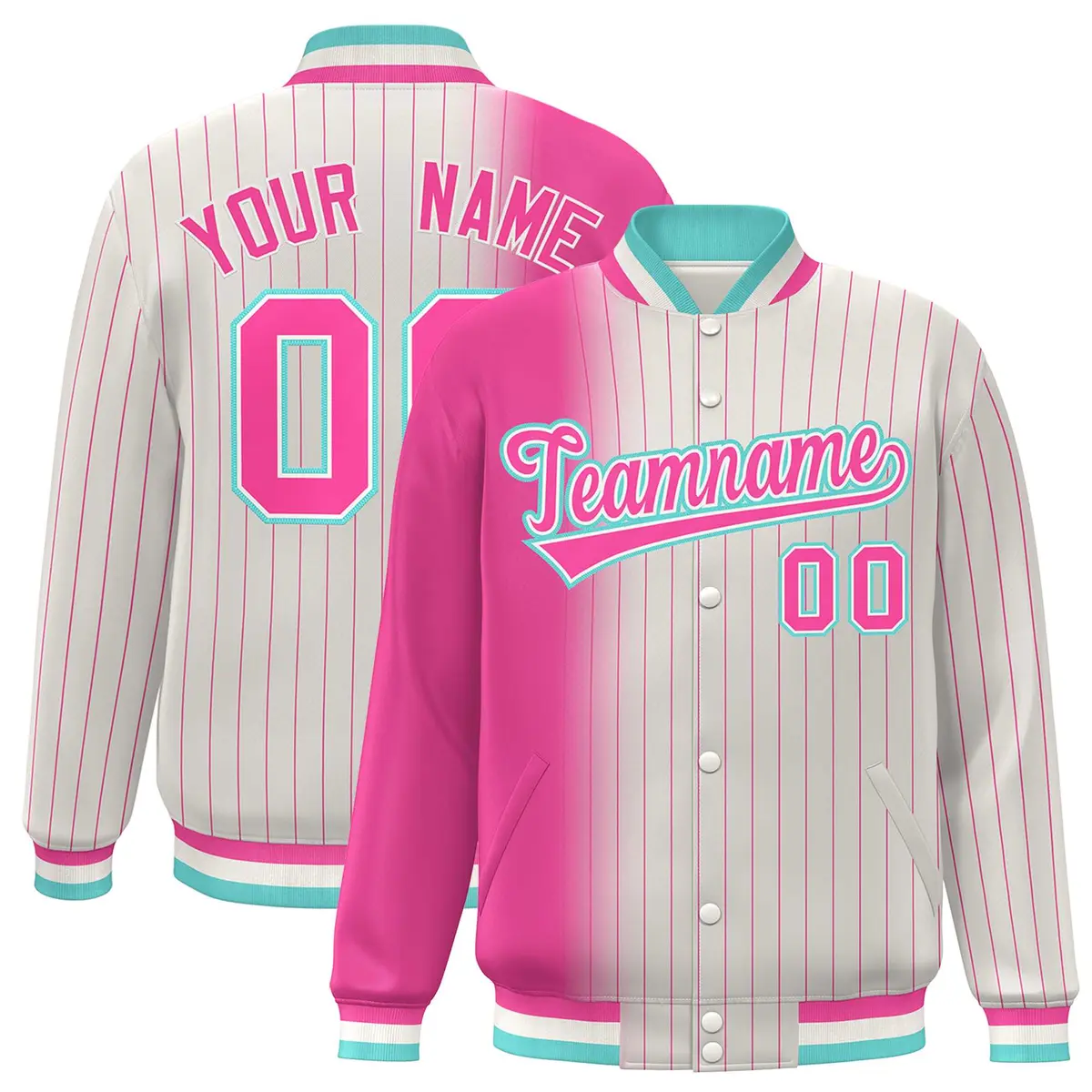 Cream Pink Gradient Pinstripe Varsity Full-Snap Letterman Jacket