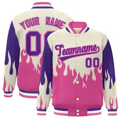 Cream Pink-Purple Flame Graffiti Varsity Full-Snap Bomber Jacket