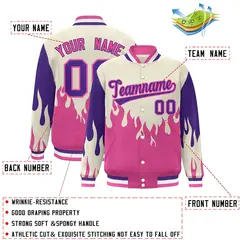Cream Pink-Purple Flame Graffiti Varsity Full-Snap Bomber Jacket 2