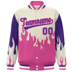 Cream Pink-Purple Flame Graffiti Varsity Full-Snap Bomber Jacket 3