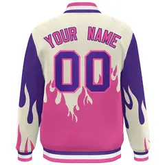 Cream Pink-Purple Flame Graffiti Varsity Full-Snap Bomber Jacket 4