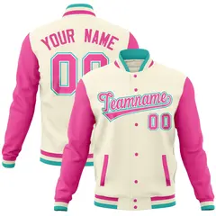 Cream Pink Raglan Full-Snap Varsity Letterman Baseball Jacket